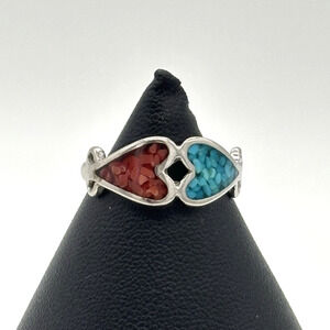 Vtg Mosaic Ring Crushed Turquoise Red Coral Double Heart Silver Tone Southwest
